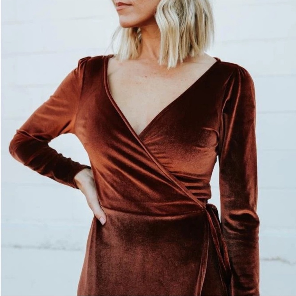 Baltic Born Esmeralda Velvet Wrap Long Sleeve Maxi Dress in Bronze